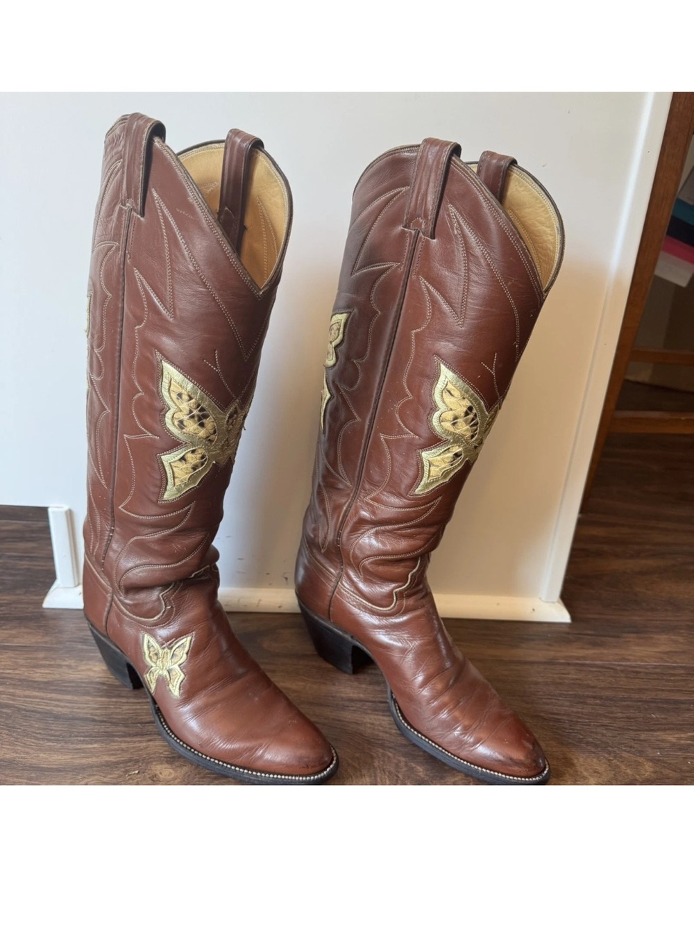 Vintage Justin Brown Leather Butterfly Inlay Cowboy Boots Women’s 8 A (L4116)